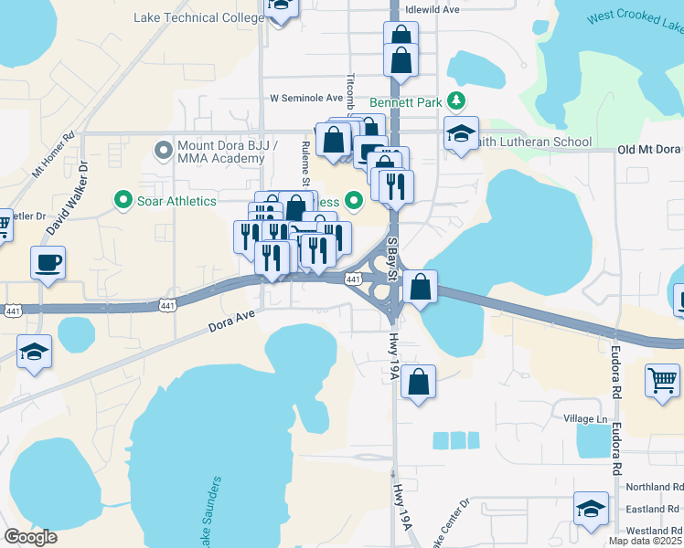 map of restaurants, bars, coffee shops, grocery stores, and more near 16173 County Road 19A in Eustis