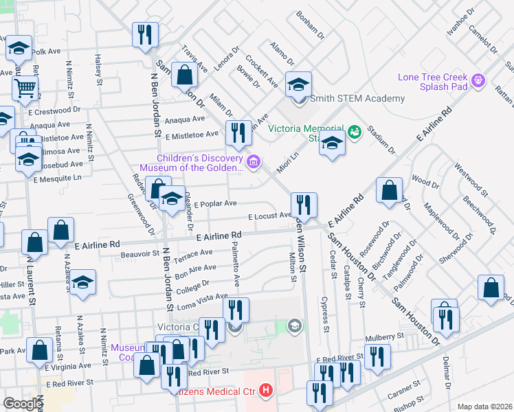 map of restaurants, bars, coffee shops, grocery stores, and more near 2607 Miori Lane in Victoria