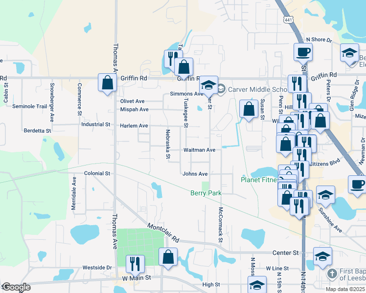 map of restaurants, bars, coffee shops, grocery stores, and more near 1002 Georgia Avenue in Leesburg