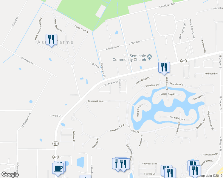 map of restaurants, bars, coffee shops, grocery stores, and more near 5306 Bristol Cone Way in Sanford