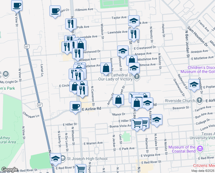 map of restaurants, bars, coffee shops, grocery stores, and more near 111 Myra Lane in Victoria