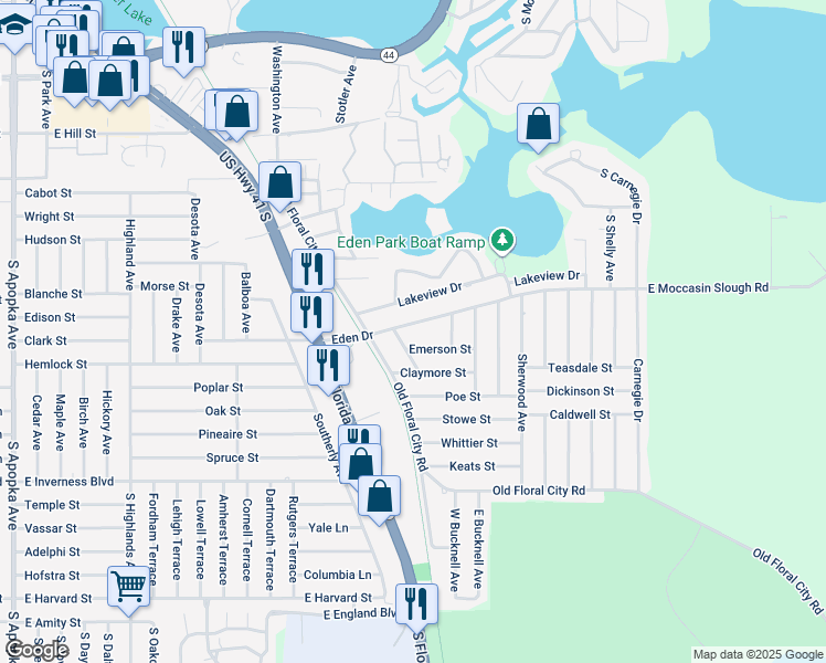 map of restaurants, bars, coffee shops, grocery stores, and more near 1209 Eden Drive in Inverness