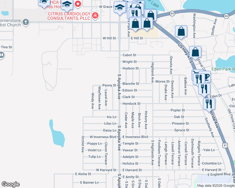 map of restaurants, bars, coffee shops, grocery stores, and more near 719 South Apopka Avenue in Inverness