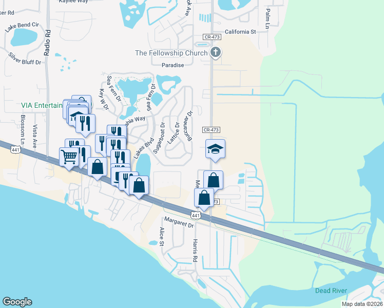 map of restaurants, bars, coffee shops, grocery stores, and more near 1 Key Biscayne Way in Leesburg