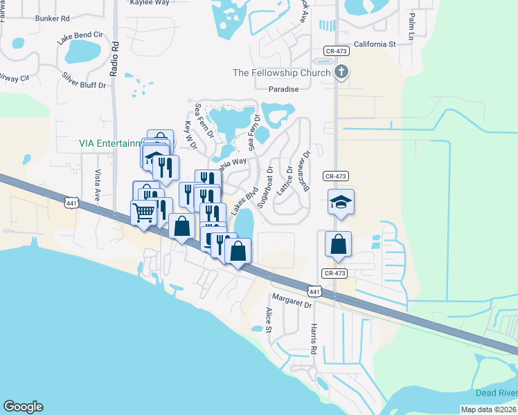 map of restaurants, bars, coffee shops, grocery stores, and more near 8 Buccaneer Drive in Leesburg