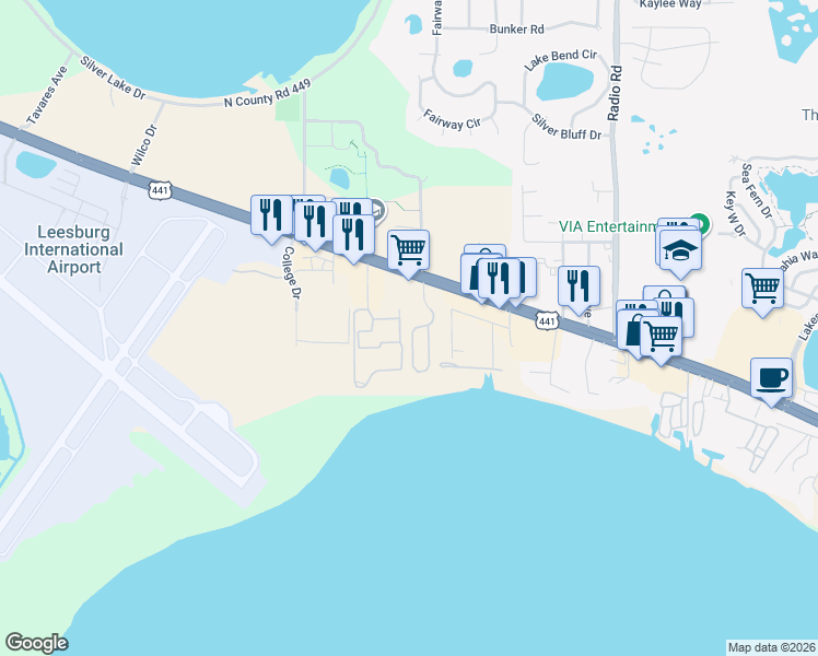 map of restaurants, bars, coffee shops, grocery stores, and more near 32390 Crystal Breeze Lane in Leesburg