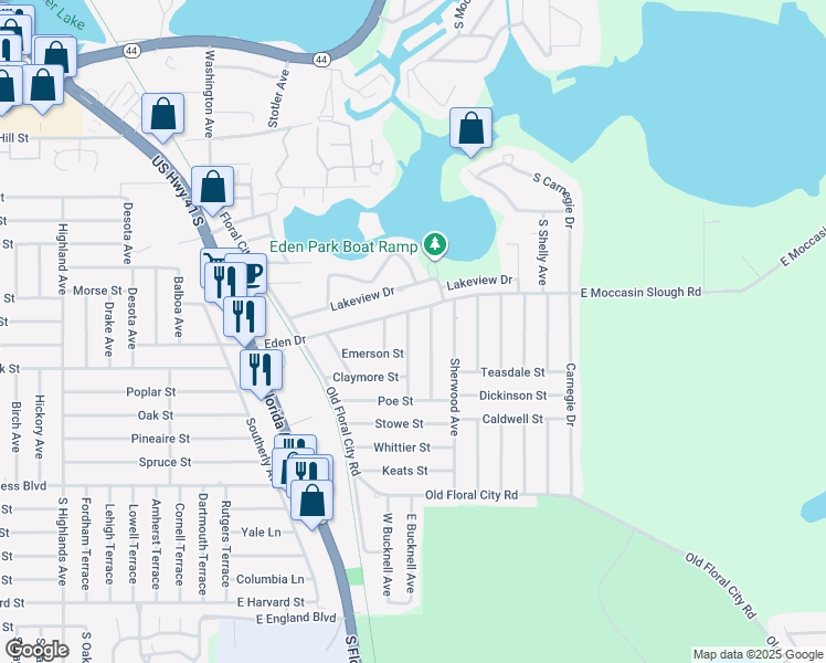 map of restaurants, bars, coffee shops, grocery stores, and more near 1405 Eden Drive in Inverness