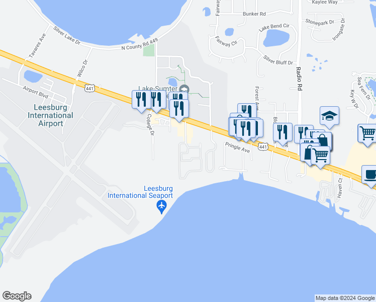 map of restaurants, bars, coffee shops, grocery stores, and more near 32511 Lovell Avenue in Leesburg