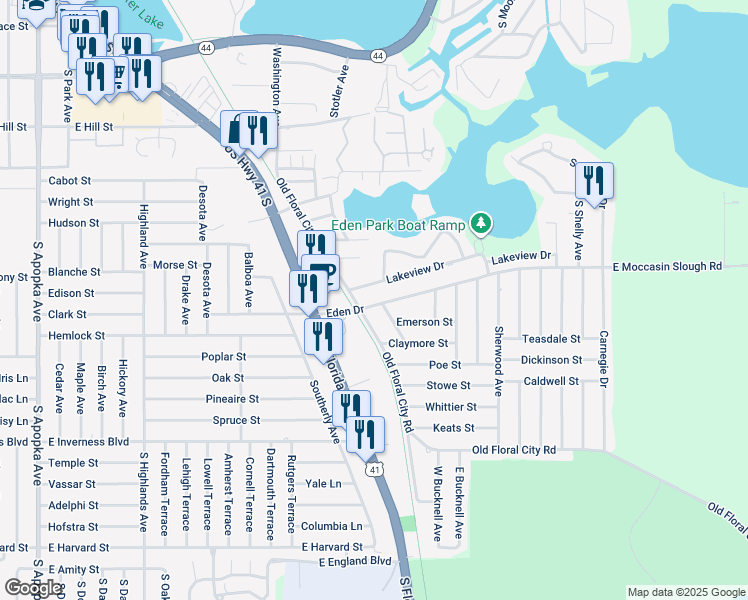 map of restaurants, bars, coffee shops, grocery stores, and more near 1116 Eden Drive in Inverness