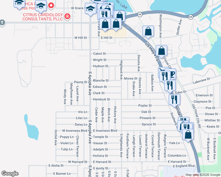 map of restaurants, bars, coffee shops, grocery stores, and more near 219 Edison Street in Inverness