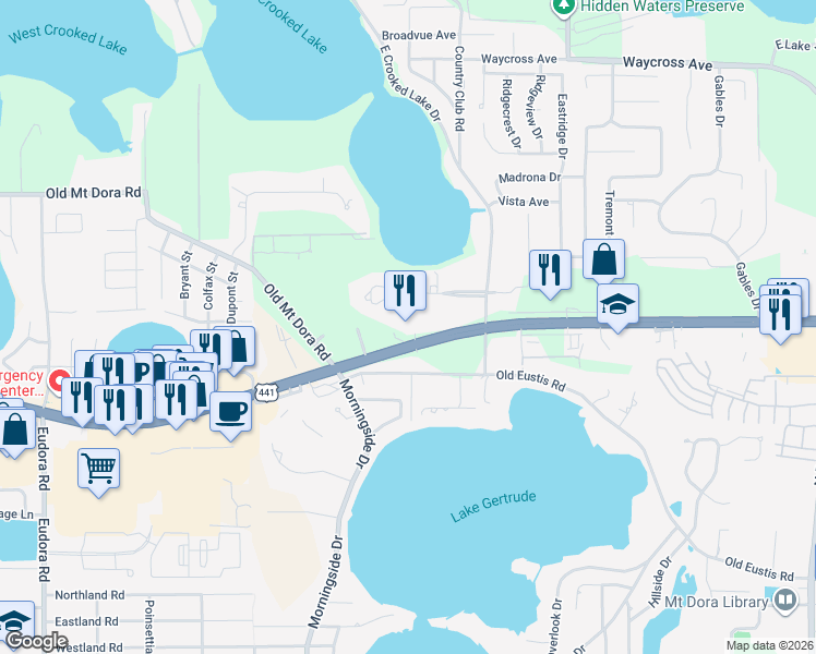 map of restaurants, bars, coffee shops, grocery stores, and more near 17855 U.S. 441 in Mount Dora