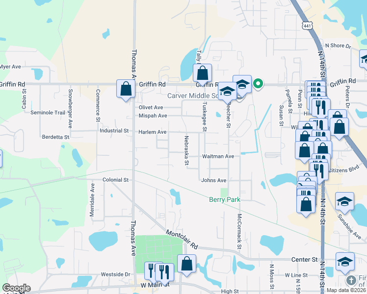 map of restaurants, bars, coffee shops, grocery stores, and more near 1009 Nebraska Street in Leesburg