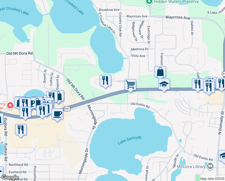 map of restaurants, bars, coffee shops, grocery stores, and more near 17855 U.S. 441 in Mount Dora