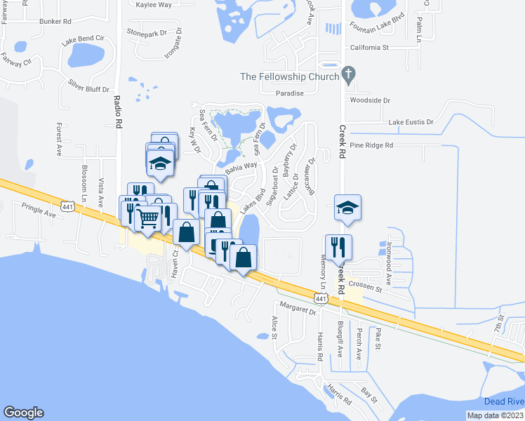 map of restaurants, bars, coffee shops, grocery stores, and more near 8 Buccaneer Drive in Leesburg