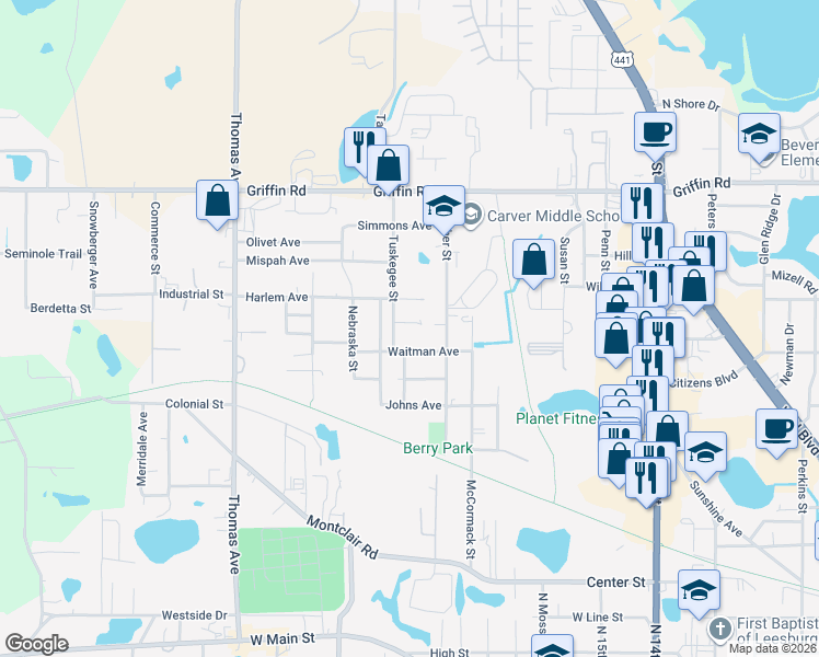 map of restaurants, bars, coffee shops, grocery stores, and more near 2111 Mara Court in Leesburg