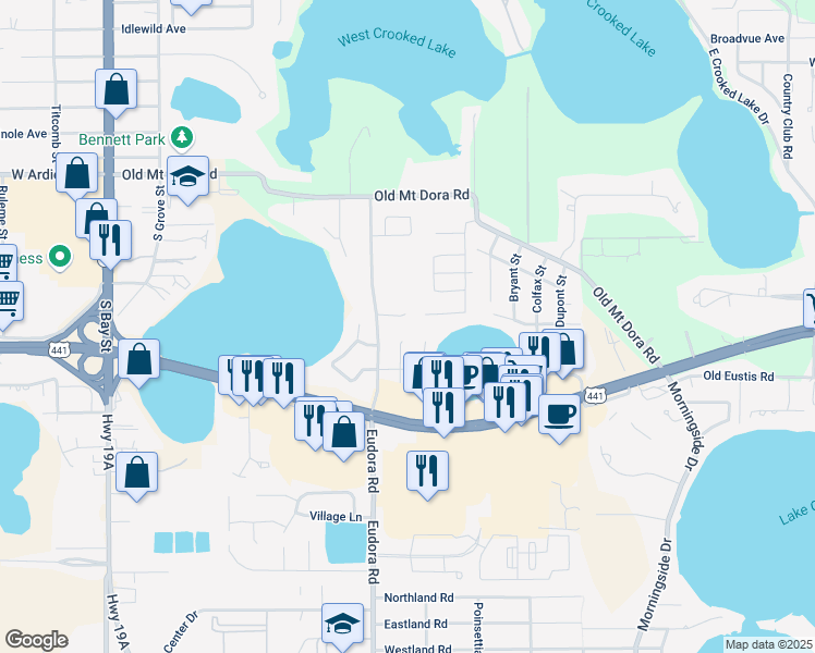 map of restaurants, bars, coffee shops, grocery stores, and more near 3045 Eudora Road in Eustis