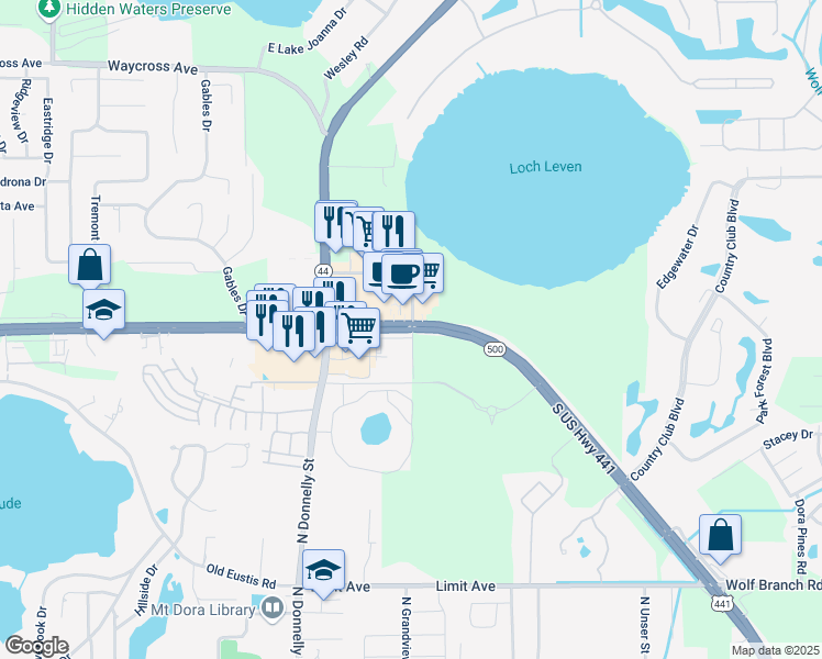 map of restaurants, bars, coffee shops, grocery stores, and more near 19080 Florida 500 in Mount Dora
