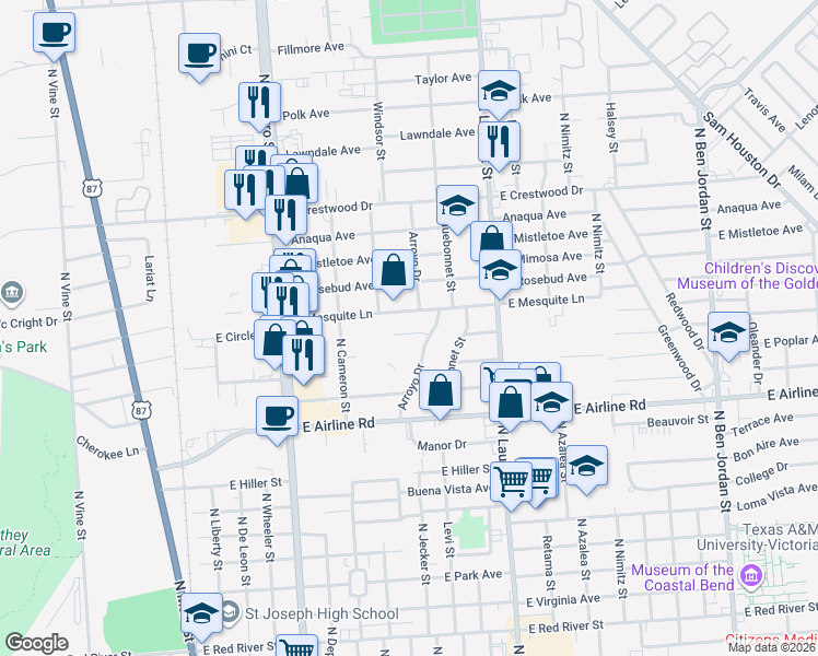 map of restaurants, bars, coffee shops, grocery stores, and more near 111 Myra Lane in Victoria
