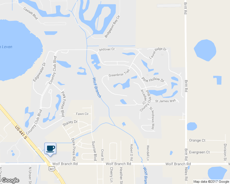 map of restaurants, bars, coffee shops, grocery stores, and more near 5050 Greenbriar Trail in Mount Dora
