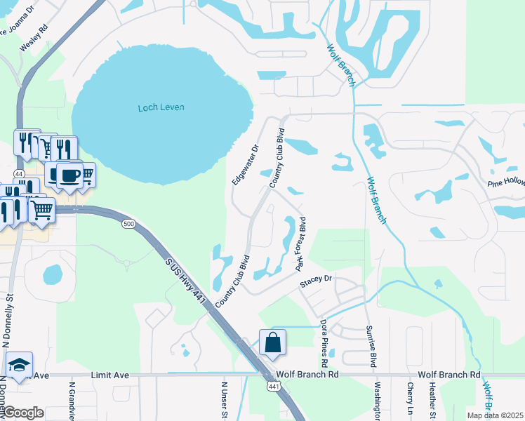 map of restaurants, bars, coffee shops, grocery stores, and more near 1872 Stafford Springs Boulevard in Mount Dora