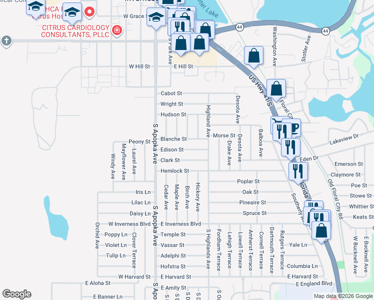 map of restaurants, bars, coffee shops, grocery stores, and more near 219 Edison Street in Inverness