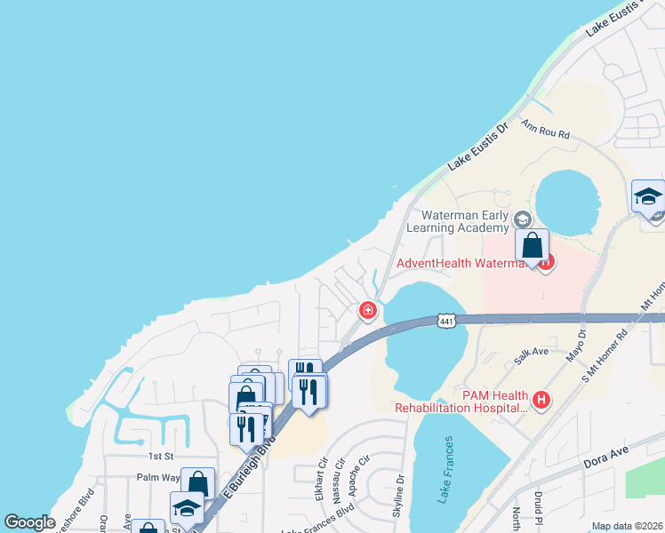 map of restaurants, bars, coffee shops, grocery stores, and more near 2237 Cypress Court in Tavares