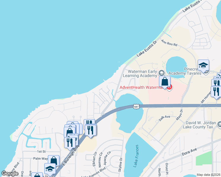 map of restaurants, bars, coffee shops, grocery stores, and more near 2226 Cypress Cove Drive in Tavares