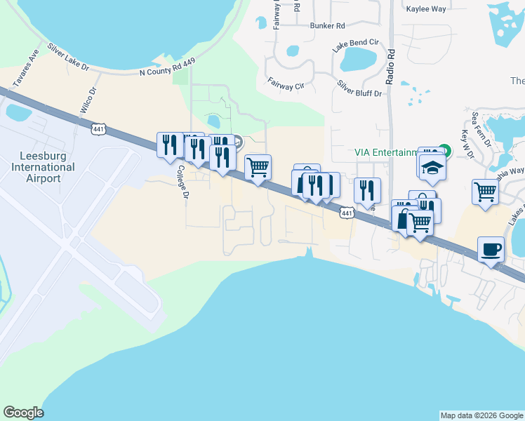 map of restaurants, bars, coffee shops, grocery stores, and more near 32390 Crystal Breeze Lane in Leesburg