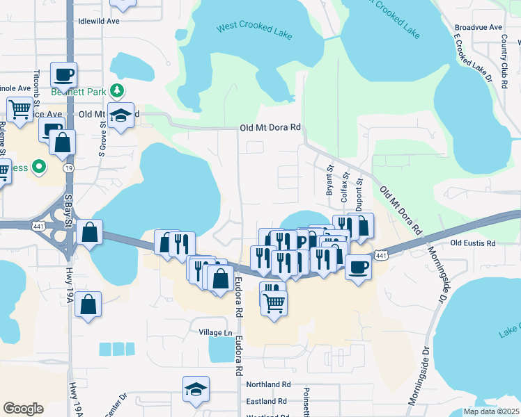 map of restaurants, bars, coffee shops, grocery stores, and more near 3045 Eudora Road in Eustis