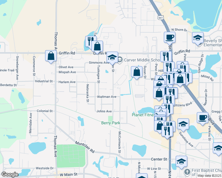 map of restaurants, bars, coffee shops, grocery stores, and more near 1015 Beecher Street in Leesburg