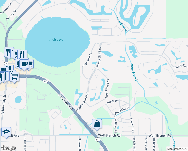 map of restaurants, bars, coffee shops, grocery stores, and more near 1818 Stafford Springs Boulevard in Mount Dora