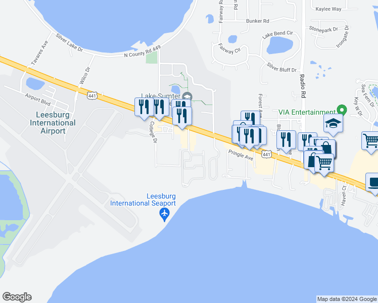 map of restaurants, bars, coffee shops, grocery stores, and more near 32511 Lake Harris Cove Avenue in Leesburg