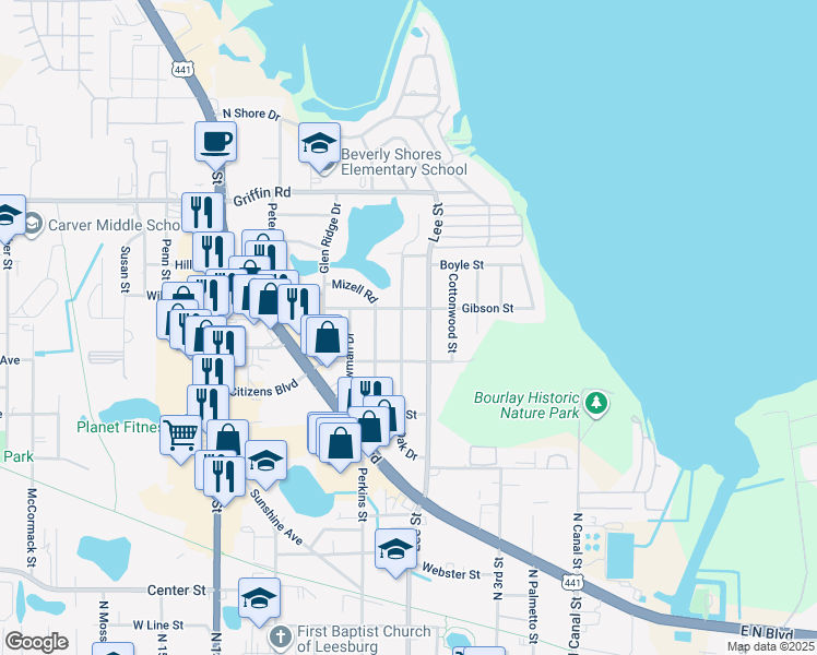 map of restaurants, bars, coffee shops, grocery stores, and more near 1012 Oak Drive in Leesburg