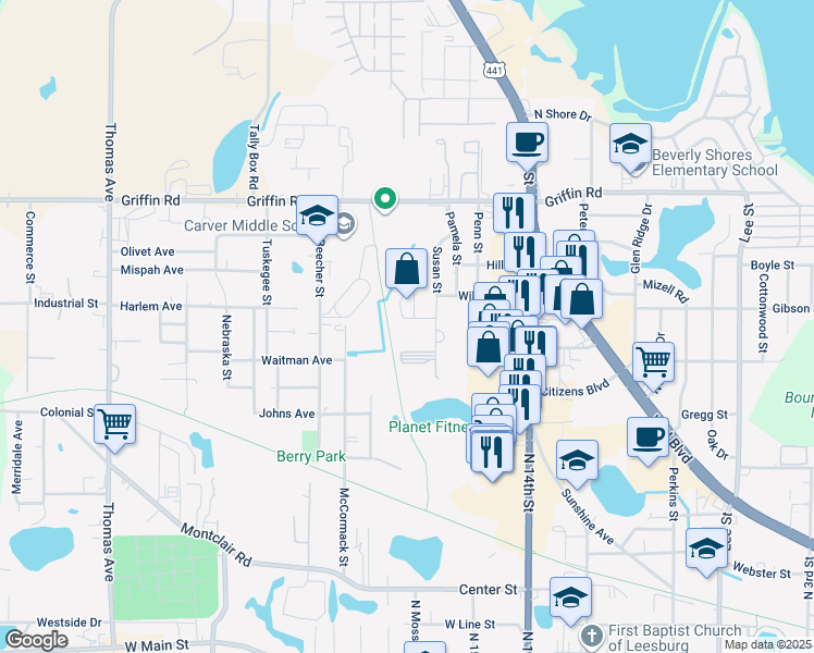 map of restaurants, bars, coffee shops, grocery stores, and more near 1713 Birchwood Circle in Leesburg