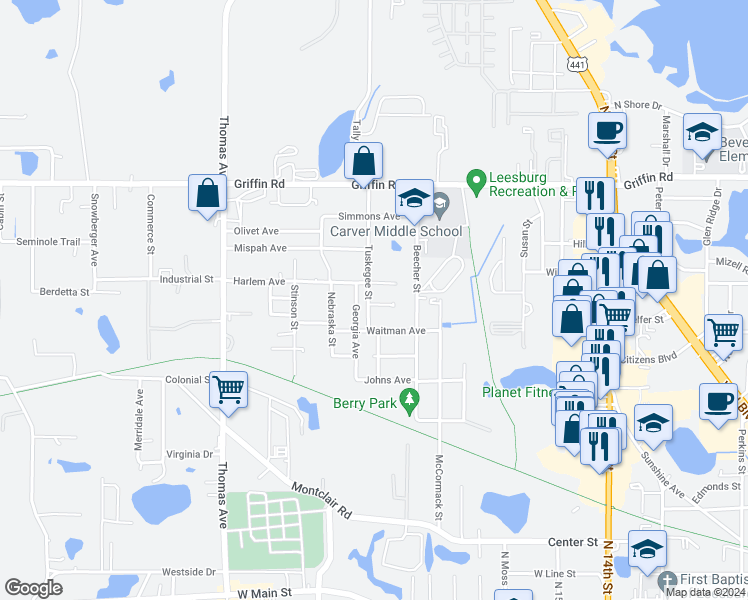 map of restaurants, bars, coffee shops, grocery stores, and more near 2111 Mara Court in Leesburg