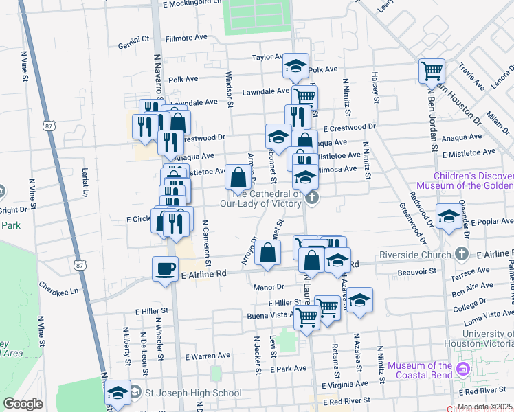 map of restaurants, bars, coffee shops, grocery stores, and more near 903 East Mesquite Lane in Victoria