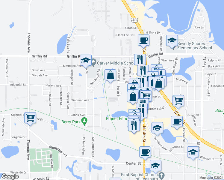 map of restaurants, bars, coffee shops, grocery stores, and more near 1713 Birchwood Circle in Leesburg