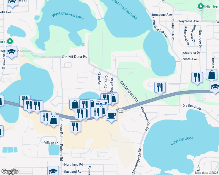 map of restaurants, bars, coffee shops, grocery stores, and more near 3001 Dupont Street in Eustis