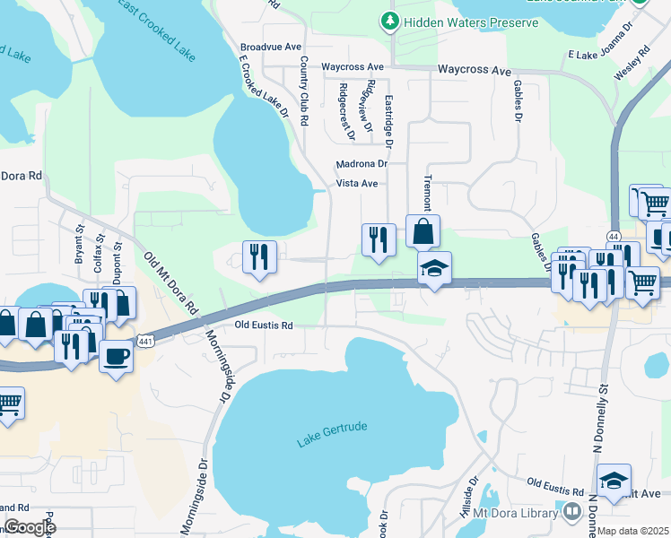 map of restaurants, bars, coffee shops, grocery stores, and more near in Mount Dora