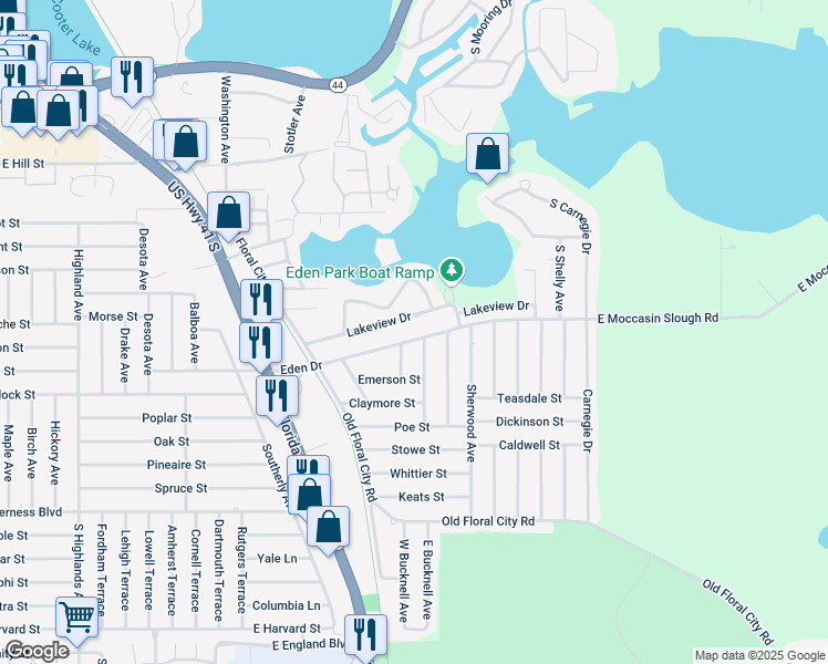 map of restaurants, bars, coffee shops, grocery stores, and more near 1405 Eden Drive in Inverness