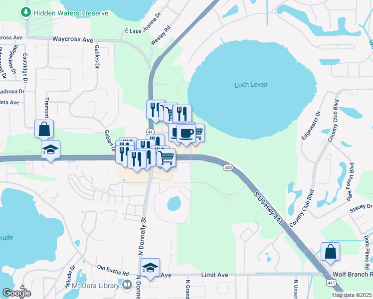 map of restaurants, bars, coffee shops, grocery stores, and more near 19021 U.S. 441 in Mount Dora