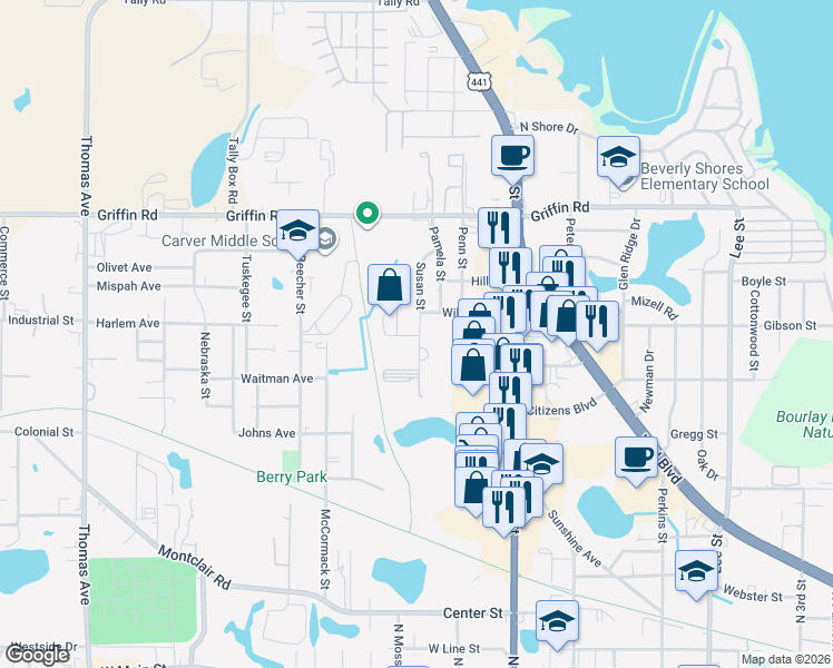 map of restaurants, bars, coffee shops, grocery stores, and more near in Leesburg