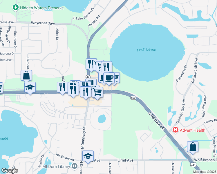 map of restaurants, bars, coffee shops, grocery stores, and more near 19021 U.S. 441 in Mount Dora