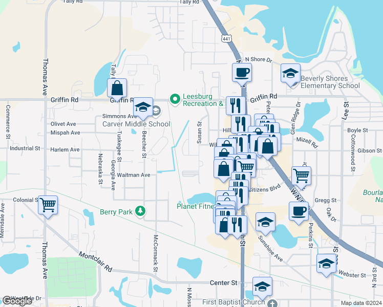 map of restaurants, bars, coffee shops, grocery stores, and more near 1713 Birchwood Circle in Leesburg