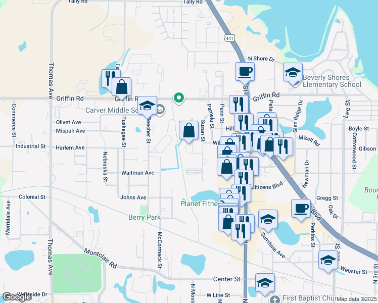 map of restaurants, bars, coffee shops, grocery stores, and more near 1713 Birchwood Circle in Leesburg