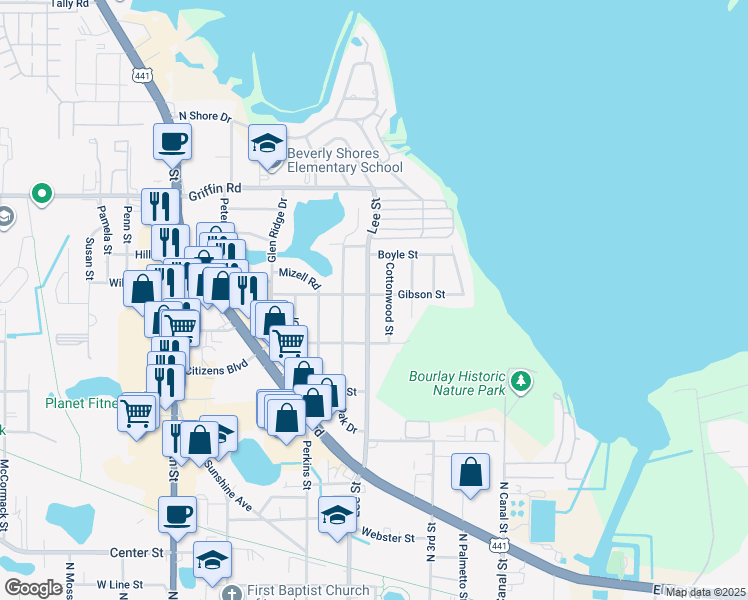 map of restaurants, bars, coffee shops, grocery stores, and more near 1020 Lee Street in Leesburg