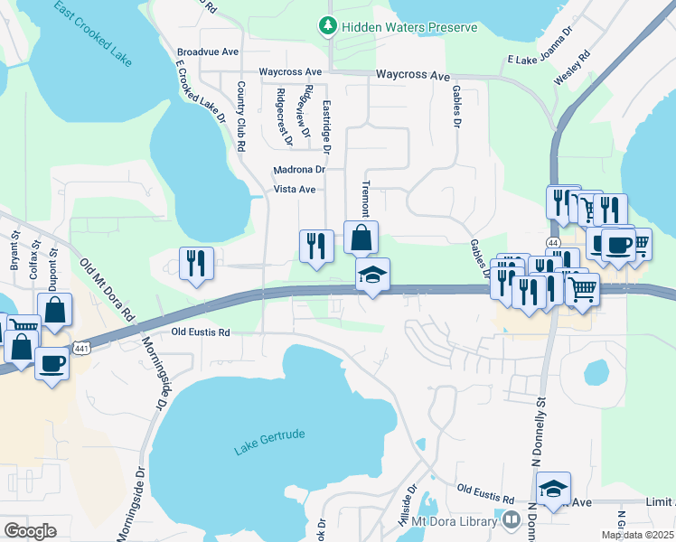 map of restaurants, bars, coffee shops, grocery stores, and more near 18251 US-441 South in Mount Dora