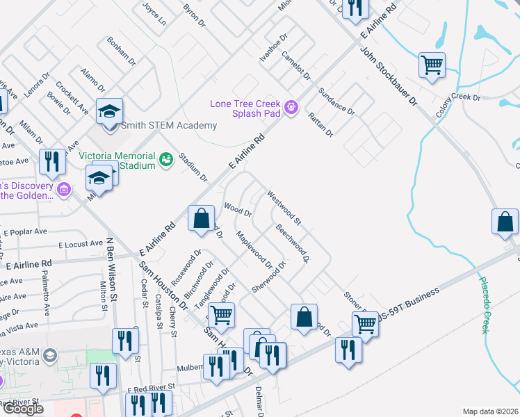 map of restaurants, bars, coffee shops, grocery stores, and more near 611 Sherwood Drive in Victoria