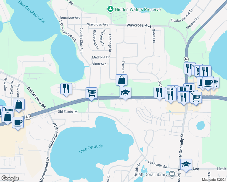 map of restaurants, bars, coffee shops, grocery stores, and more near 18251 US-441 South in Mount Dora