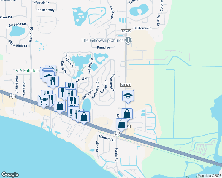 map of restaurants, bars, coffee shops, grocery stores, and more near 68 Buccaneer Drive in Leesburg